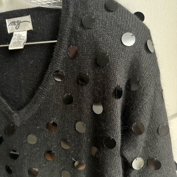Ming Wang Black V-Neck Silk Angora Sweater with Sequins Vintage 80s Black size S - Picture 2 of 5
